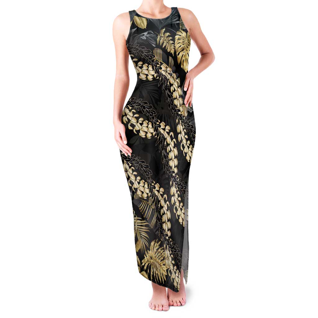 Gold Tropical Leaves Hawaii Mikioi Lei Family Matching Tank Maxi Dress and Hawaiian Shirt Luxury Stylized - Polynesian Pride