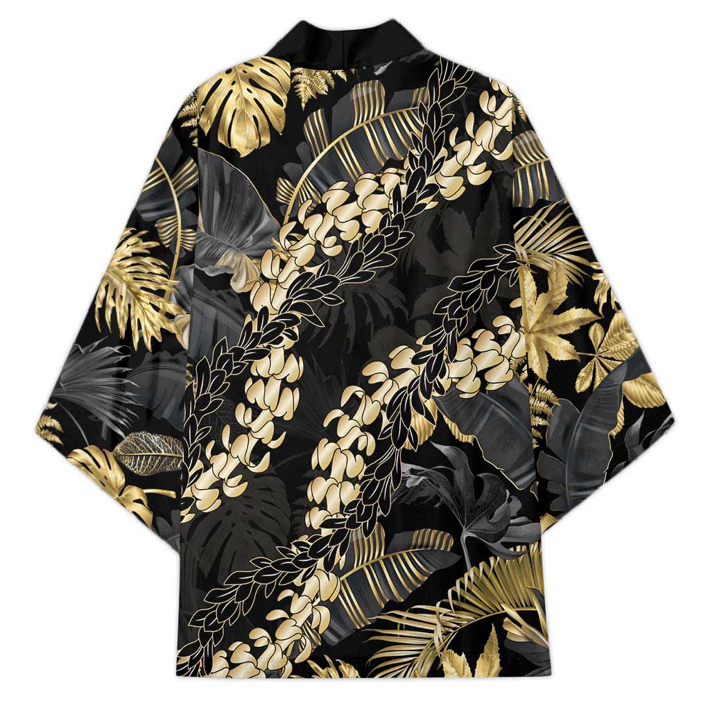 Gold Tropical Leaves Hawaii Mikioi Lei Kimono Luxury Stylized - Polynesian Pride