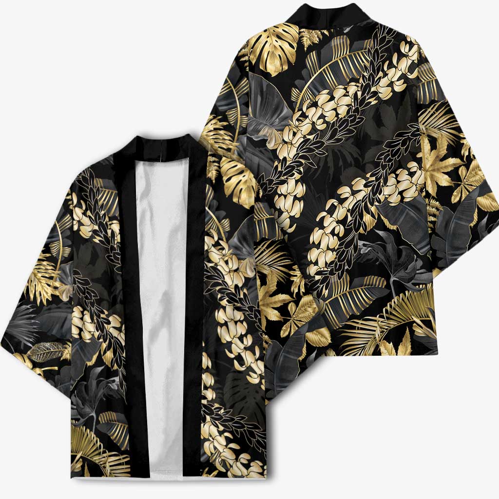 Gold Tropical Leaves Hawaii Mikioi Lei Kimono Luxury Stylized - Polynesian Pride