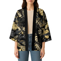 Gold Tropical Leaves Hawaii Mikioi Lei Kimono Luxury Stylized - Polynesian Pride