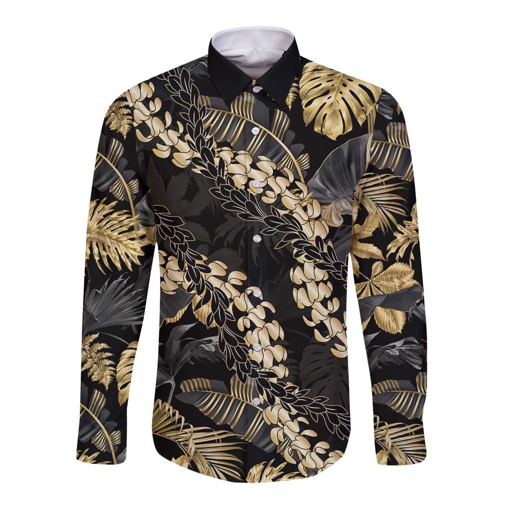 Gold Tropical Leaves Hawaii Mikioi Lei Long Sleeve Button Shirt Luxury Stylized - Polynesian Pride