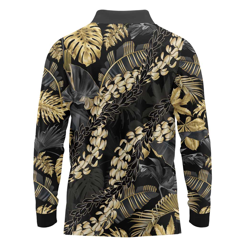 Gold Tropical Leaves Hawaii Mikioi Lei Long Sleeve Polo Shirt Luxury Stylized - Polynesian Pride