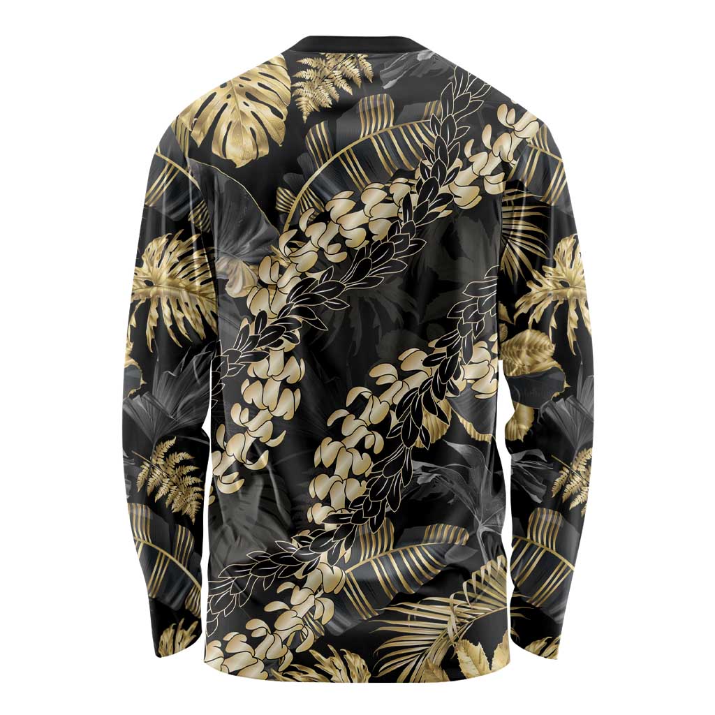 Gold Tropical Leaves Hawaii Mikioi Lei Long Sleeve Shirt Luxury Stylized - Polynesian Pride