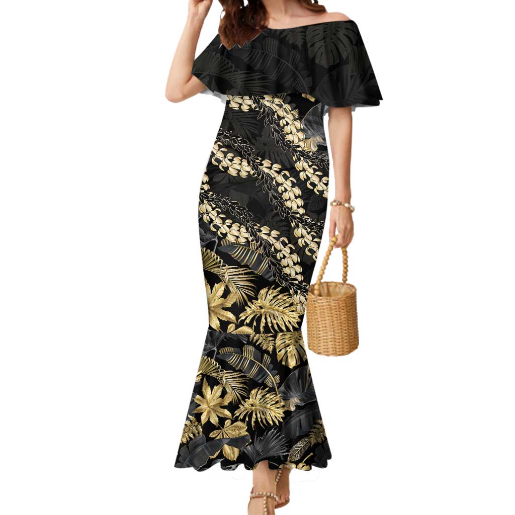 Gold Tropical Leaves Hawaii Mikioi Lei Mermaid Dress Luxury Stylized - Polynesian Pride