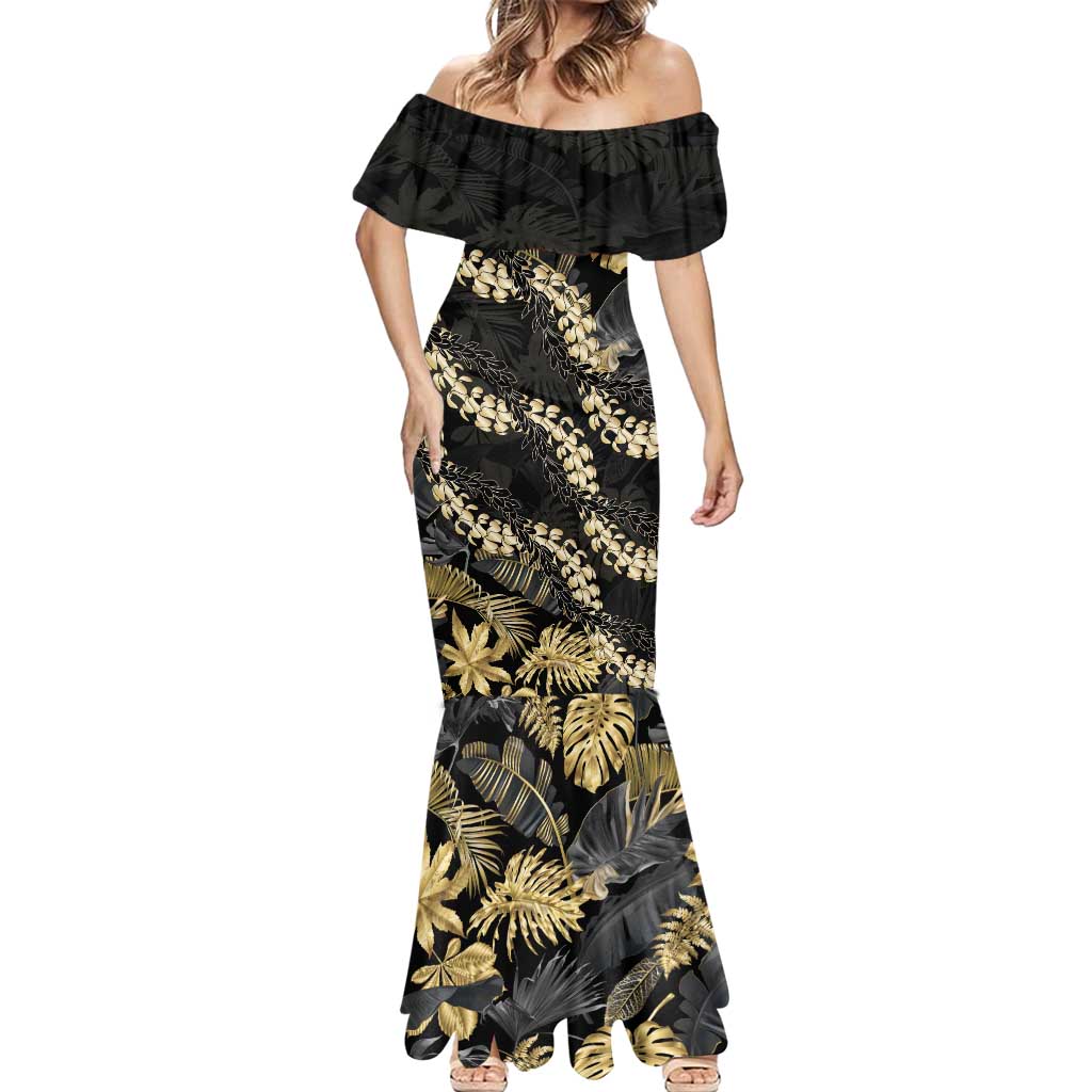 Gold Tropical Leaves Hawaii Mikioi Lei Mermaid Dress Luxury Stylized - Polynesian Pride