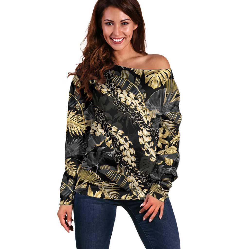 Gold Tropical Leaves Hawaii Mikioi Lei Off Shoulder Sweater Luxury Stylized - Polynesian Pride