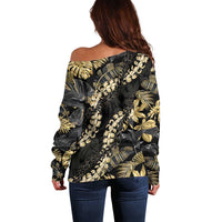 Gold Tropical Leaves Hawaii Mikioi Lei Off Shoulder Sweater Luxury Stylized - Polynesian Pride