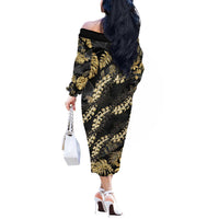 Gold Tropical Leaves Hawaii Mikioi Lei Off The Shoulder Long Sleeve Dress Luxury Stylized - Polynesian Pride