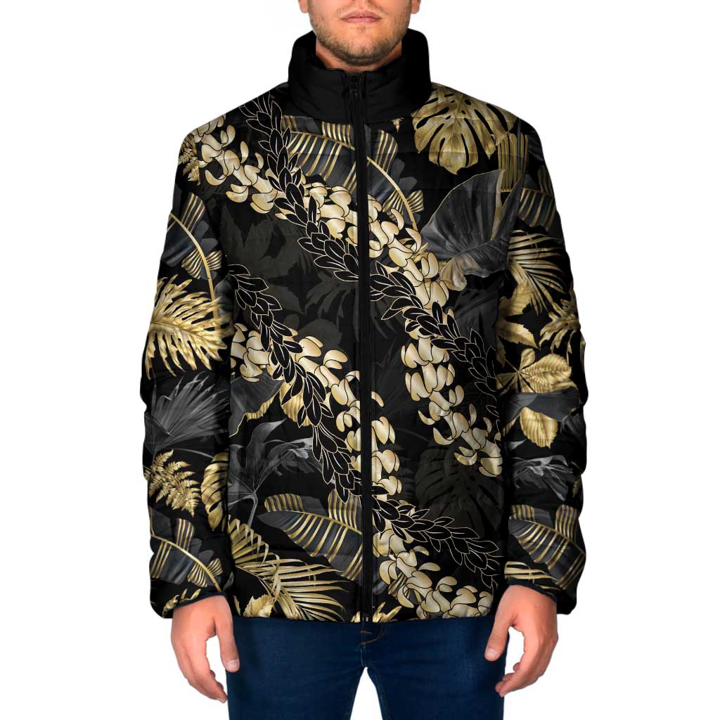 Gold Tropical Leaves Hawaii Mikioi Lei Padded Jacket Luxury Stylized - Polynesian Pride