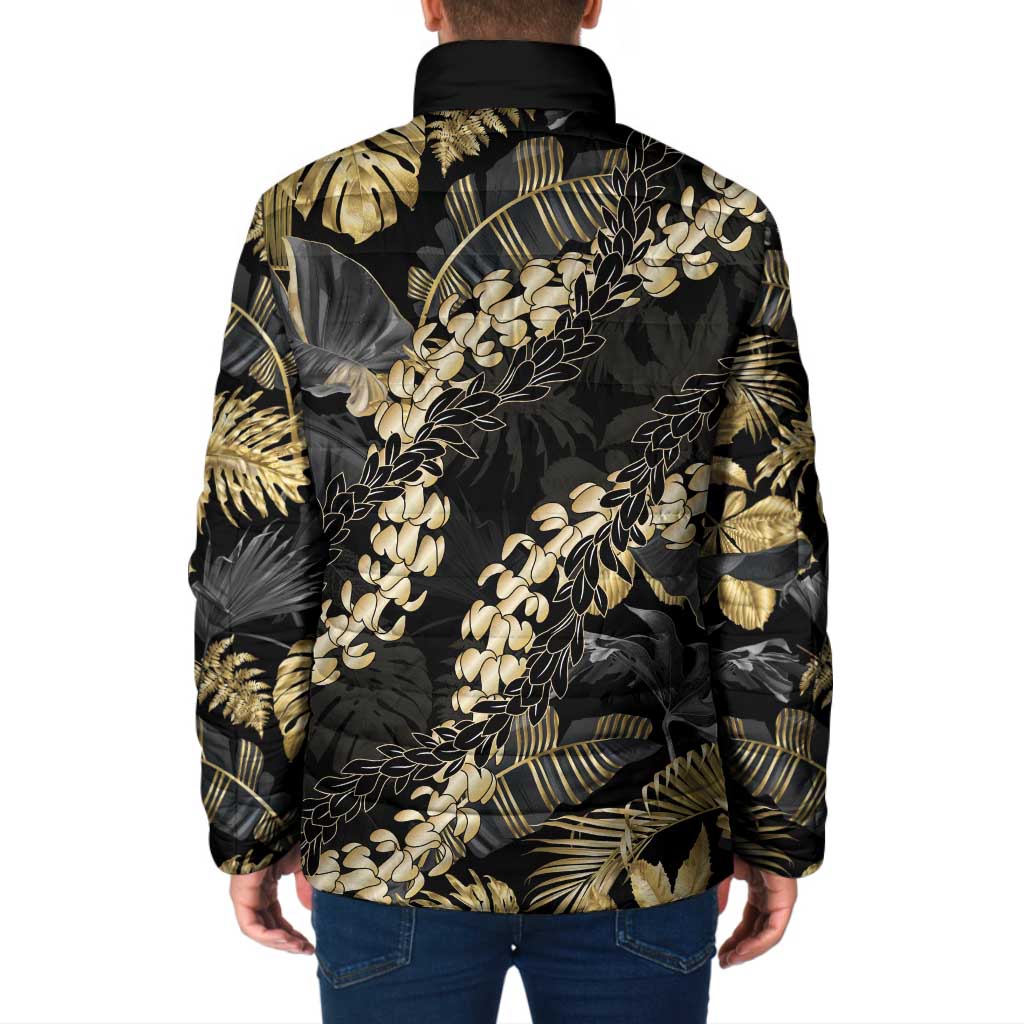 Gold Tropical Leaves Hawaii Mikioi Lei Padded Jacket Luxury Stylized - Polynesian Pride