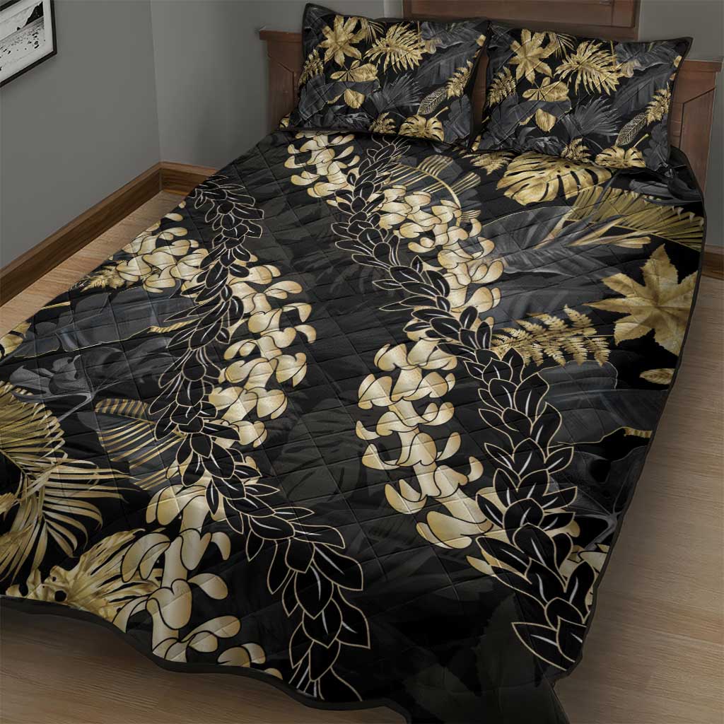 Gold Tropical Leaves Hawaii Mikioi Lei Quilt Bed Set Luxury Stylized - Polynesian Pride