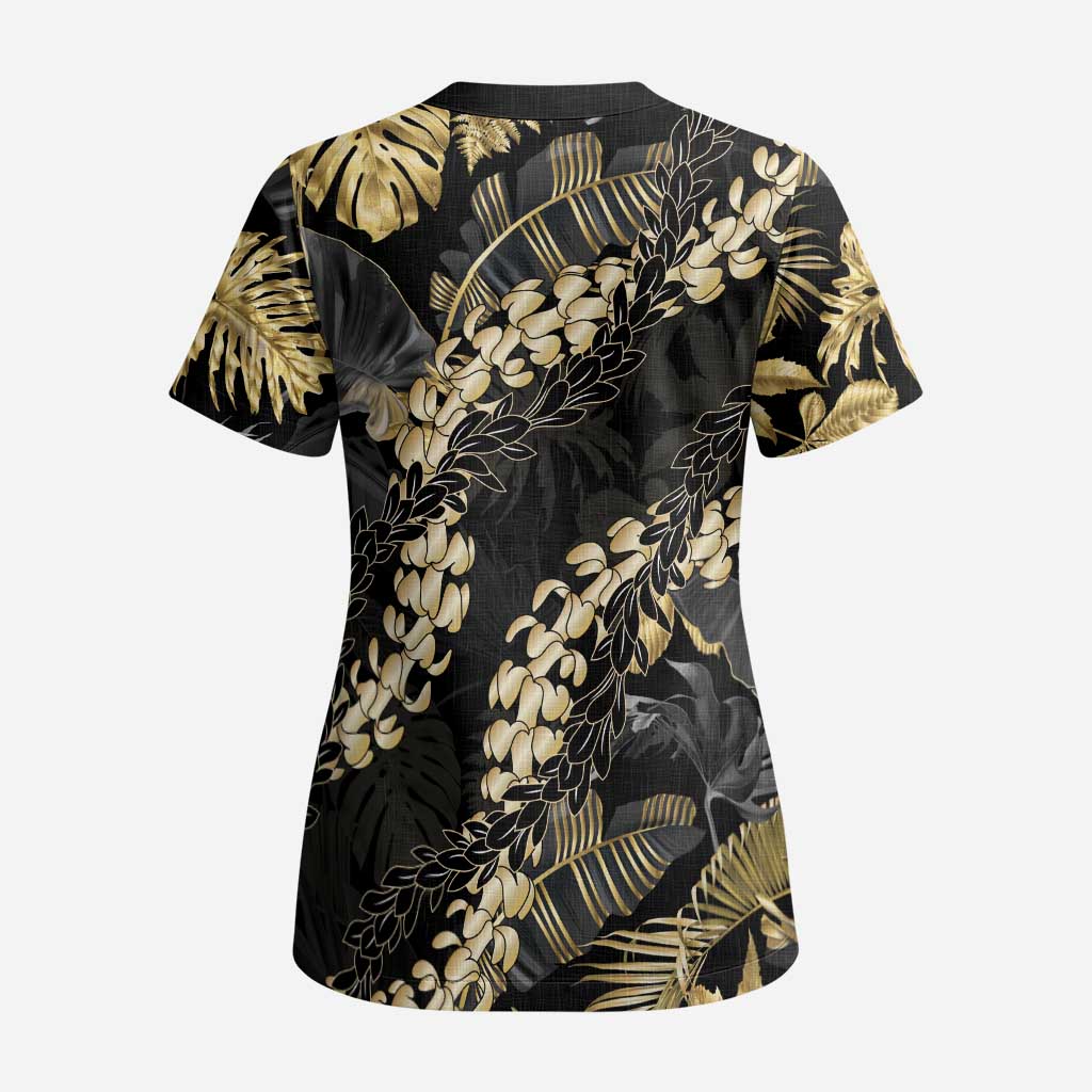 Gold Tropical Leaves Hawaii Mikioi Lei Scrub Top Luxury Stylized - Polynesian Pride