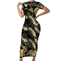 Gold Tropical Leaves Hawaii Mikioi Lei Short Sleeve Bodycon Dress Luxury Stylized - Polynesian Pride