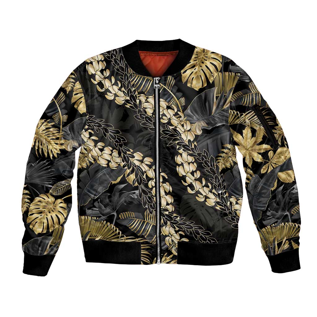 Gold Tropical Leaves Hawaii Mikioi Lei Sleeve Zip Bomber Jacket Luxury Stylized - Polynesian Pride