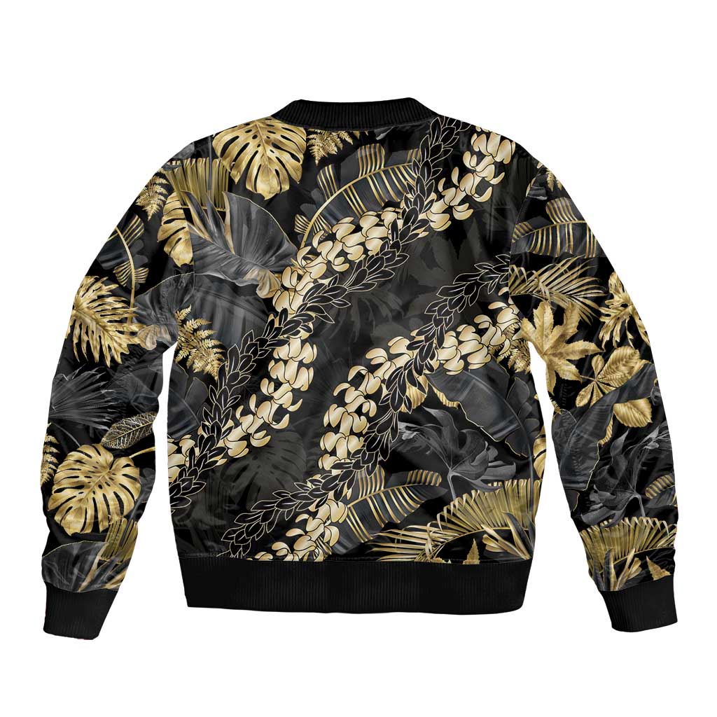 Gold Tropical Leaves Hawaii Mikioi Lei Sleeve Zip Bomber Jacket Luxury Stylized - Polynesian Pride