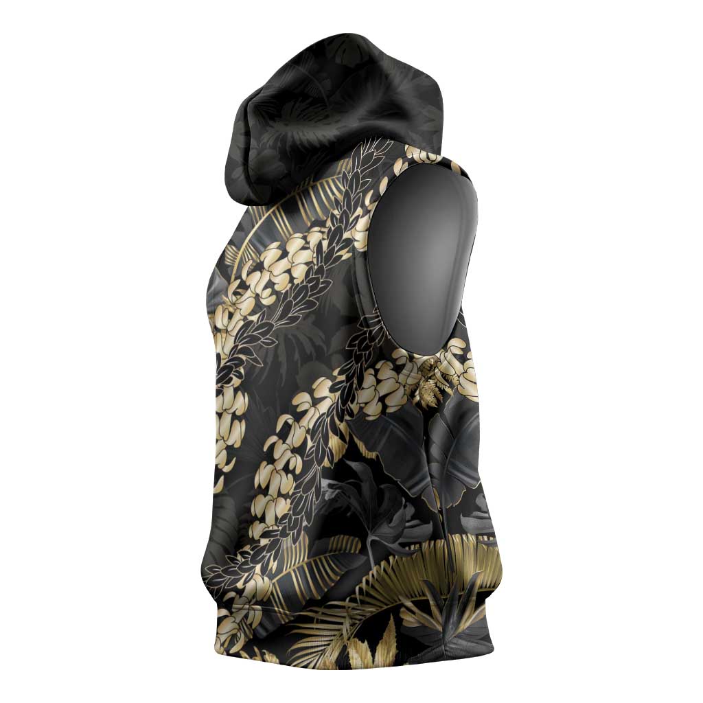 Gold Tropical Leaves Hawaii Mikioi Lei Sleeveless Hoodie Luxury Stylized - Polynesian Pride