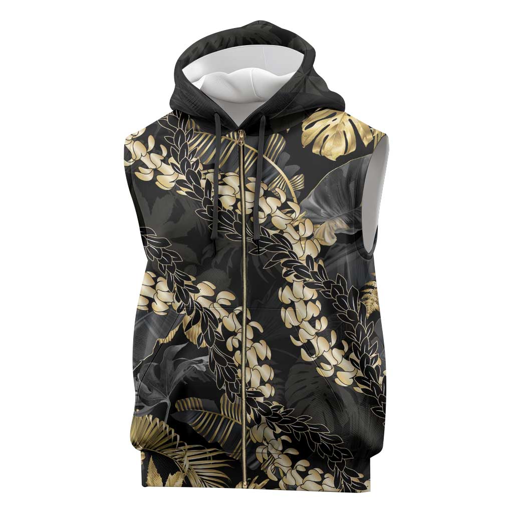 Gold Tropical Leaves Hawaii Mikioi Lei Sleeveless Zip Hoodie Luxury Stylized - Polynesian Pride