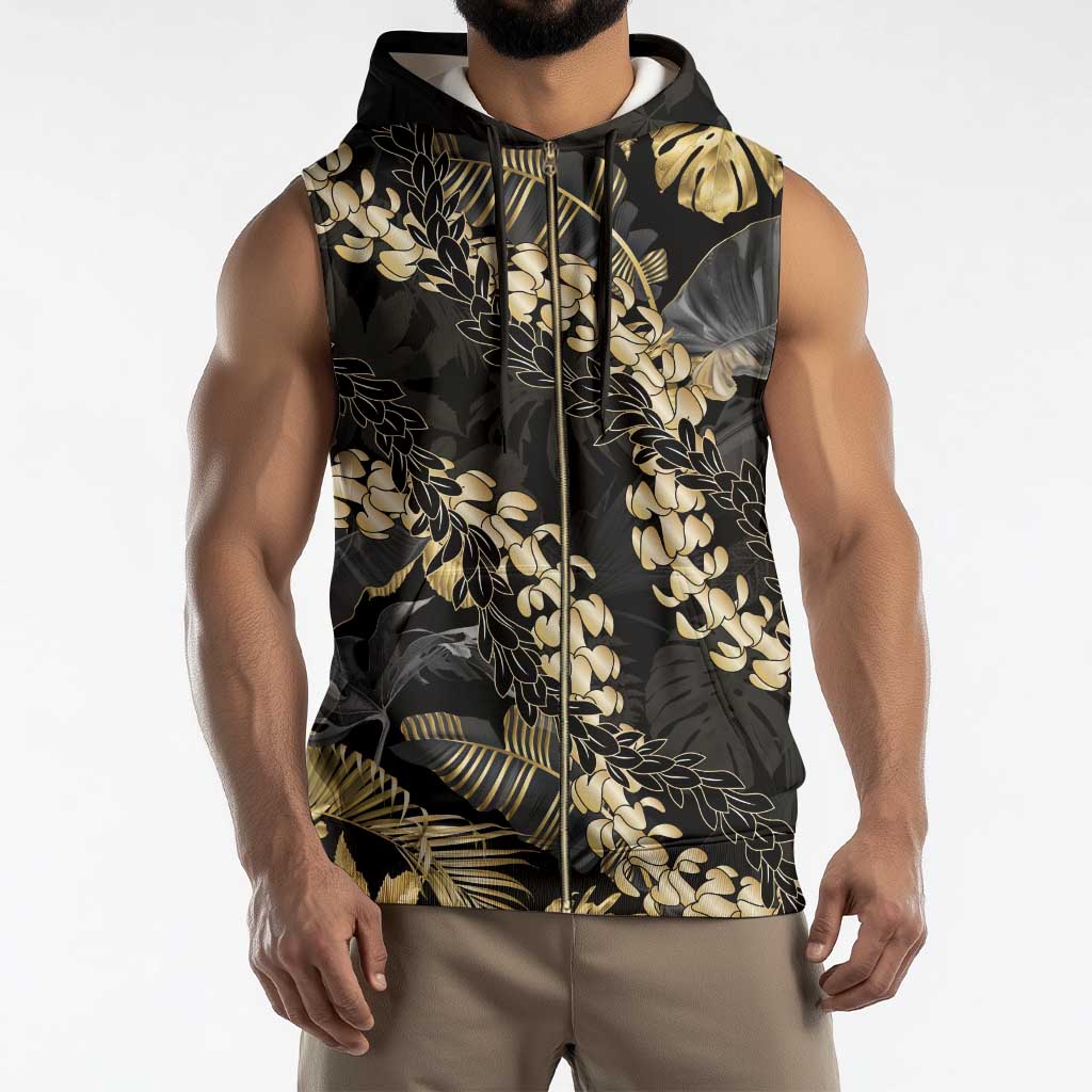 Gold Tropical Leaves Hawaii Mikioi Lei Sleeveless Zip Hoodie Luxury Stylized - Polynesian Pride
