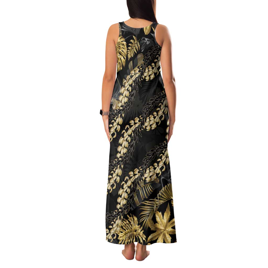 Gold Tropical Leaves Hawaii Mikioi Lei Tank Maxi Dress Luxury Stylized - Polynesian Pride