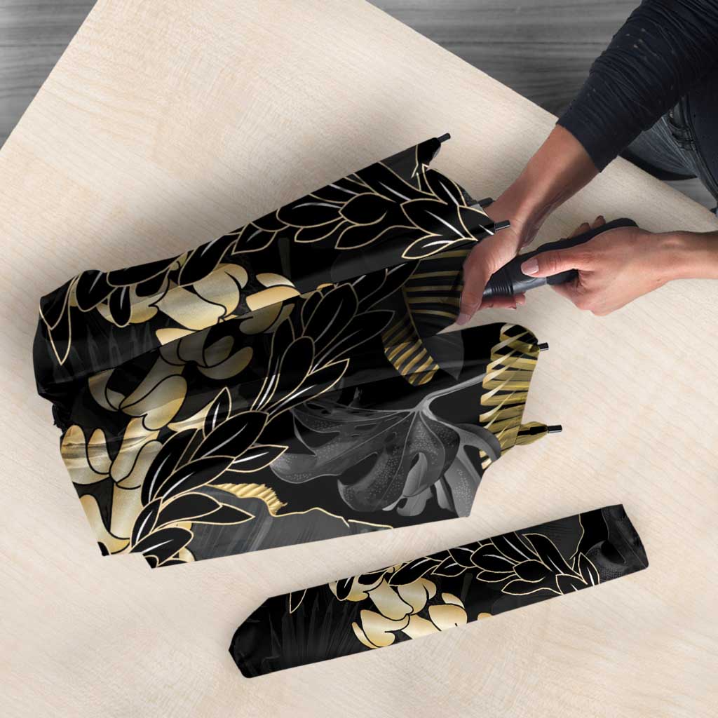 Gold Tropical Leaves Hawaii Mikioi Lei Umbrella Luxury Stylized - Polynesian Pride