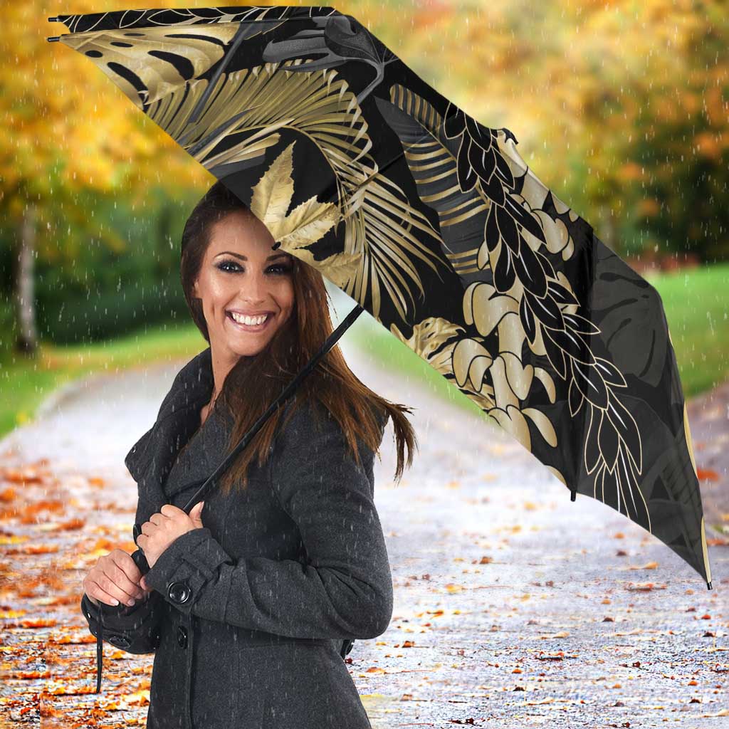 Gold Tropical Leaves Hawaii Mikioi Lei Umbrella Luxury Stylized - Polynesian Pride