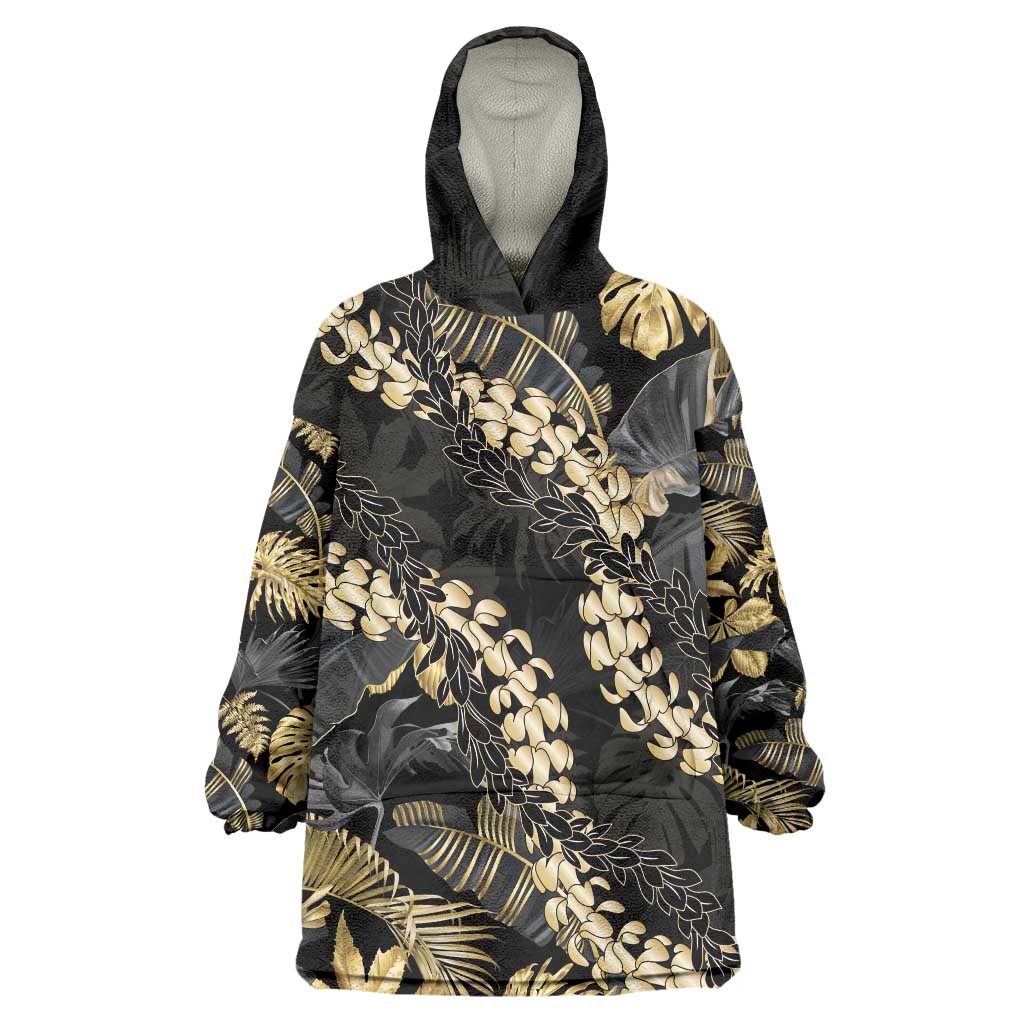 Gold Tropical Leaves Hawaii Mikioi Lei Wearable Blanket Hoodie Luxury Stylized - Polynesian Pride