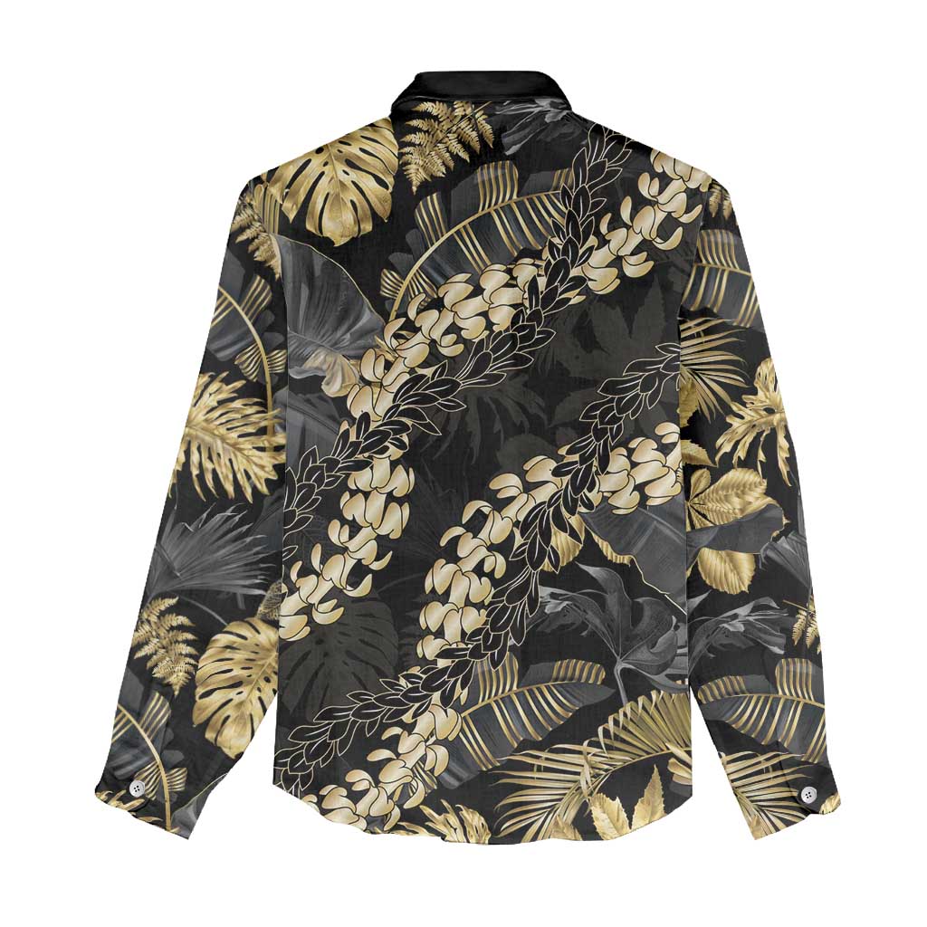 Gold Tropical Leaves Hawaii Mikioi Lei Women Casual Shirt Luxury Stylized - Polynesian Pride
