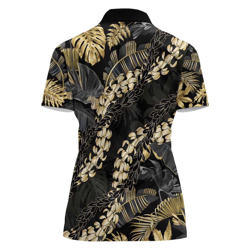 Gold Tropical Leaves Hawaii Mikioi Lei Women Polo Shirt Luxury Stylized - Polynesian Pride