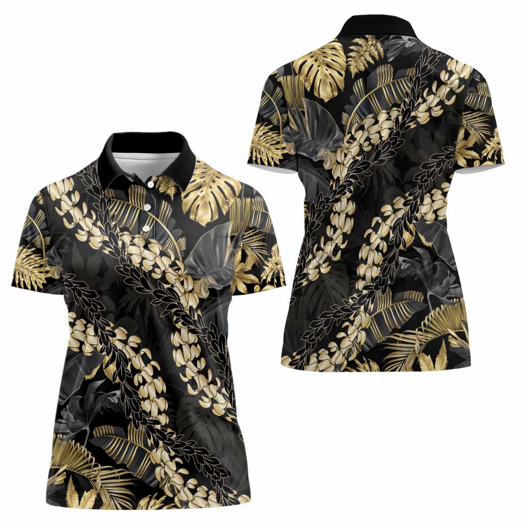 Gold Tropical Leaves Hawaii Mikioi Lei Women Polo Shirt Luxury Stylized - Polynesian Pride