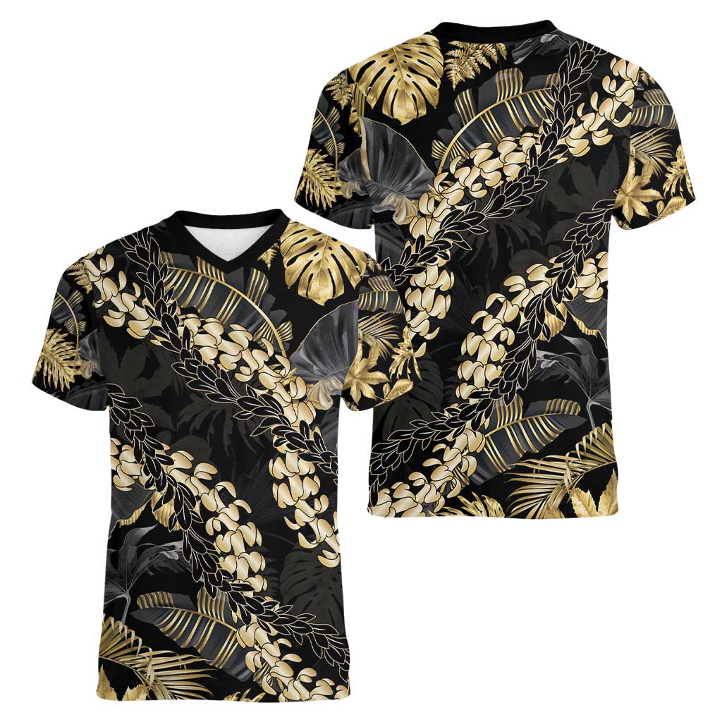 Gold Tropical Leaves Hawaii Mikioi Lei Women V-Neck T-Shirt Luxury Stylized - Polynesian Pride