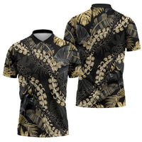 Gold Tropical Leaves Hawaii Mikioi Lei Zipper Polo Shirt Luxury Stylized - Polynesian Pride