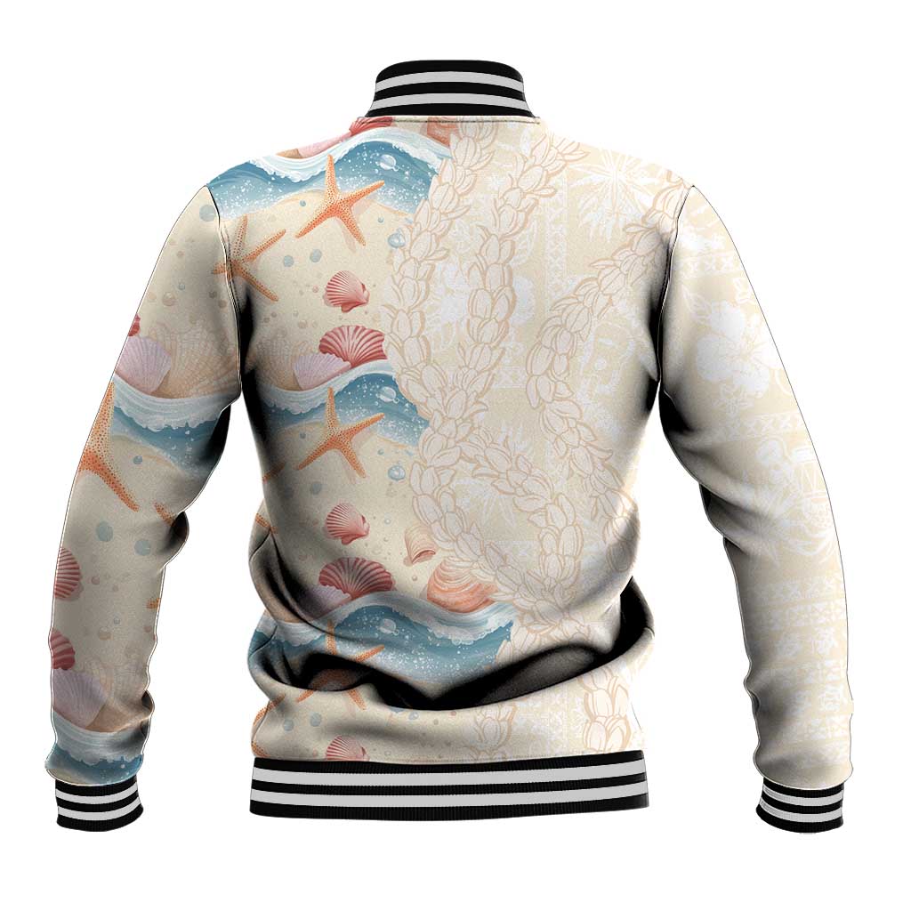 Beige Hawaii Lei Seashells Starfish Baseball Jacket Sandy Sylized - Polynesian Pride