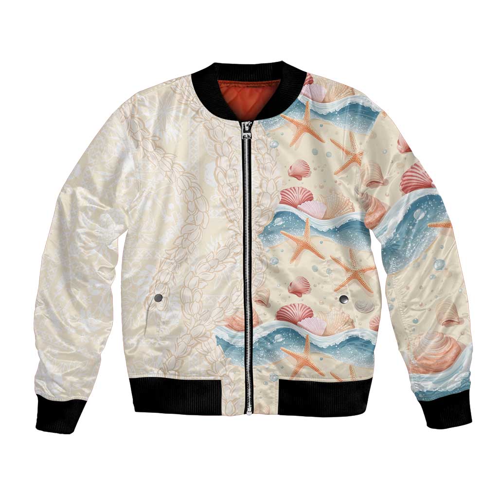 Beige Hawaii Lei Seashells Starfish Bomber Jacket Sandy Sylized LT01 Unisex Beige - Polynesian Pride