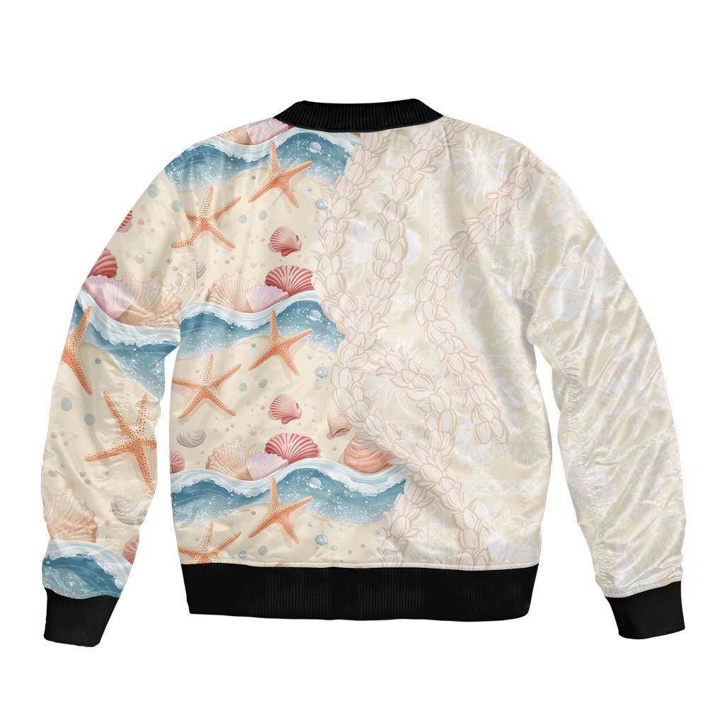 Beige Hawaii Lei Seashells Starfish Bomber Jacket Sandy Sylized LT01 - Polynesian Pride