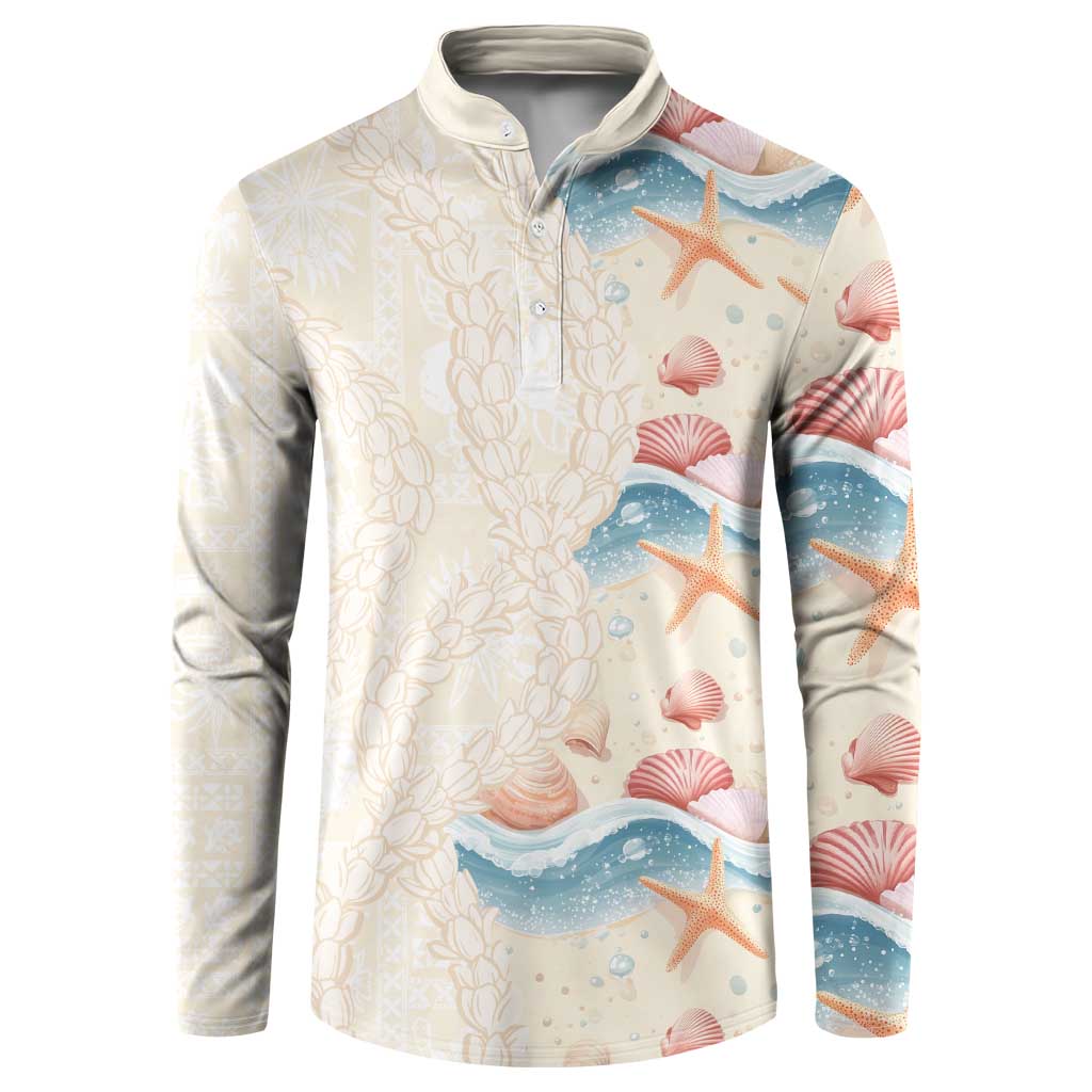 Beige Hawaii Lei Seashells Starfish Button Sweatshirt Sandy Sylized - Polynesian Pride