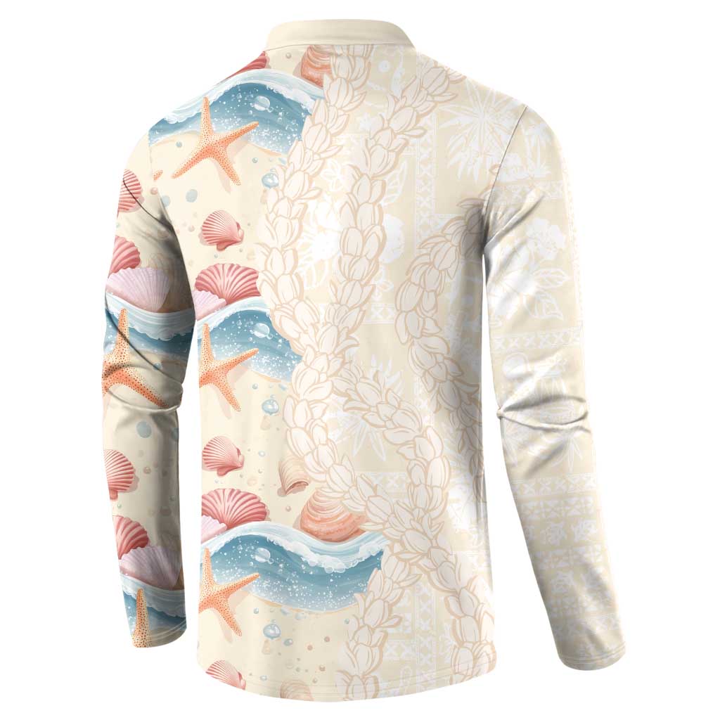 Beige Hawaii Lei Seashells Starfish Button Sweatshirt Sandy Sylized - Polynesian Pride
