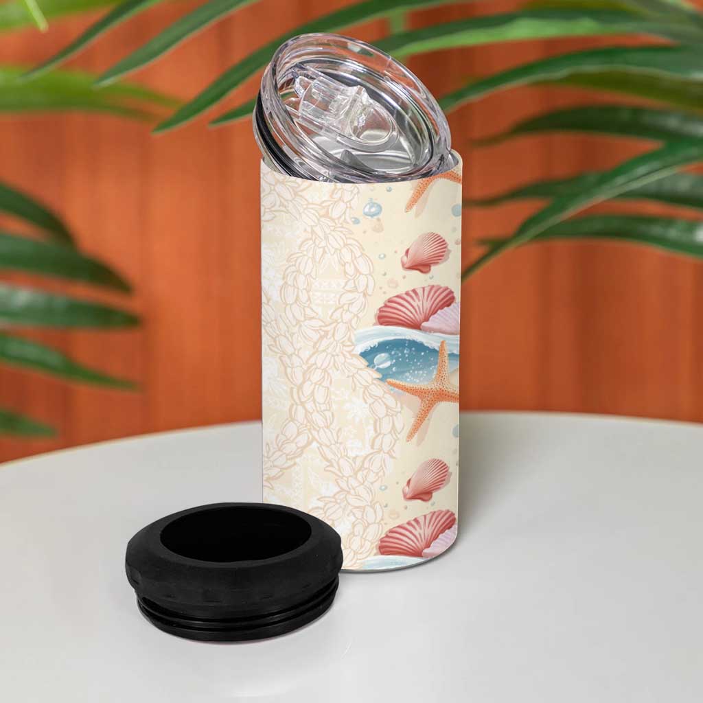 Beige Hawaii Lei Seashells Starfish 4 in 1 Can Cooler Tumbler Sandy Sylized - Polynesian Pride