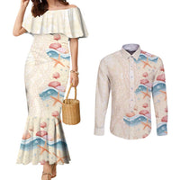 Beige Hawaii Lei Seashells Starfish Couples Matching Mermaid Dress and Long Sleeve Button Shirt Sandy Sylized LT01 Beige - Polynesian Pride