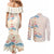 Beige Hawaii Lei Seashells Starfish Couples Matching Mermaid Dress and Long Sleeve Button Shirt Sandy Sylized - Polynesian Pride