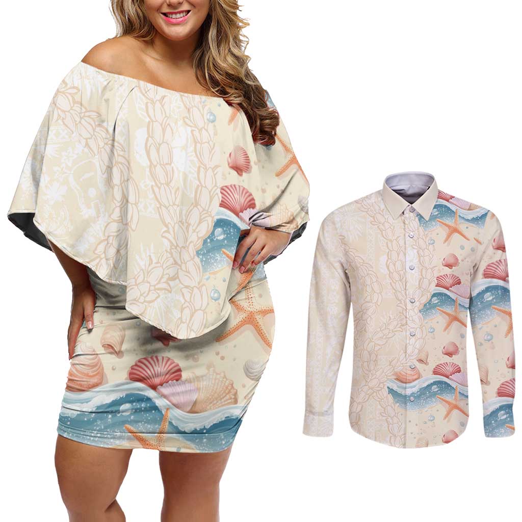 Beige Hawaii Lei Seashells Starfish Couples Matching Off Shoulder Short Dress and Long Sleeve Button Shirt Sandy Sylized - Polynesian Pride