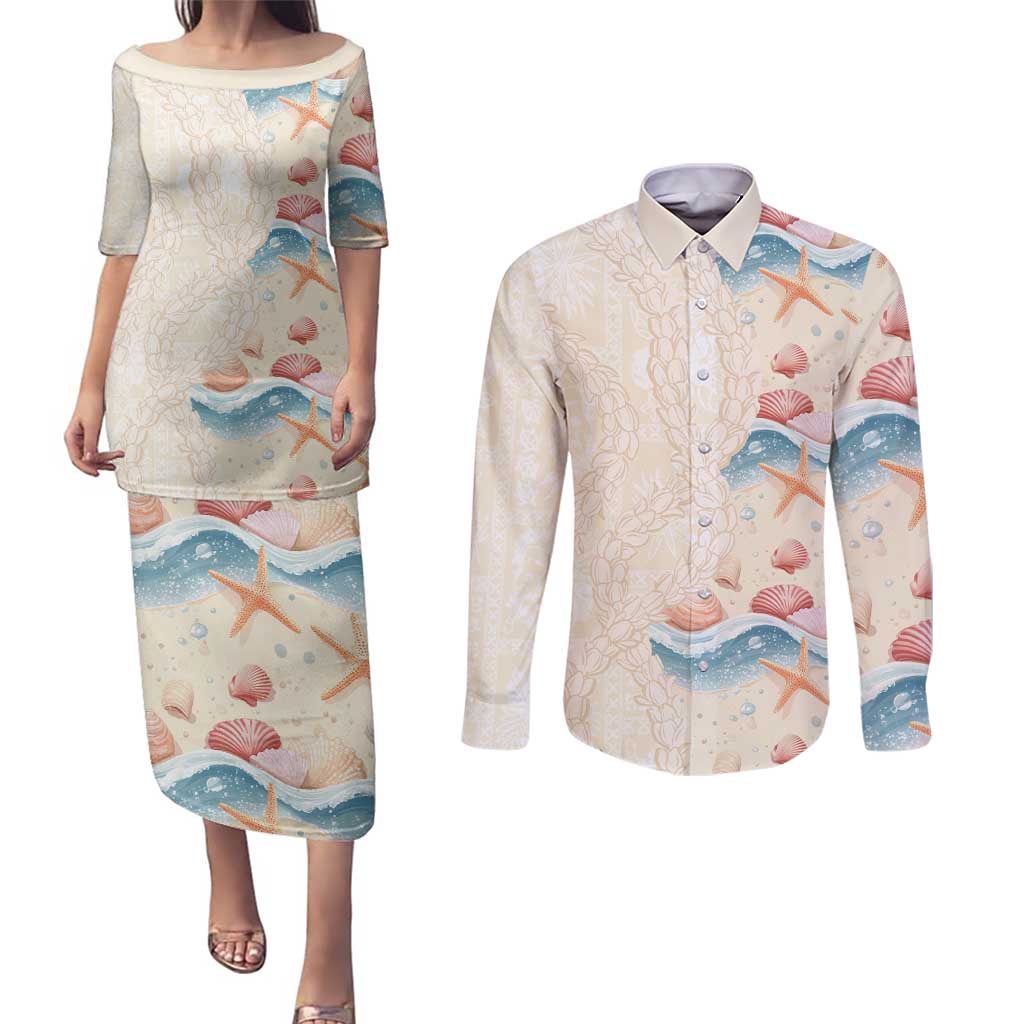 Beige Hawaii Lei Seashells Starfish Couples Matching Puletasi and Long Sleeve Button Shirt Sandy Sylized - Polynesian Pride