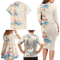 Beige Hawaii Lei Seashells Starfish Family Matching Long Sleeve Bodycon Dress and Hawaiian Shirt Sandy Sylized - Polynesian Pride