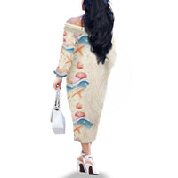 Beige Hawaii Lei Seashells Starfish Family Matching Off The Shoulder Long Sleeve Dress and Hawaiian Shirt Sandy Sylized - Polynesian Pride