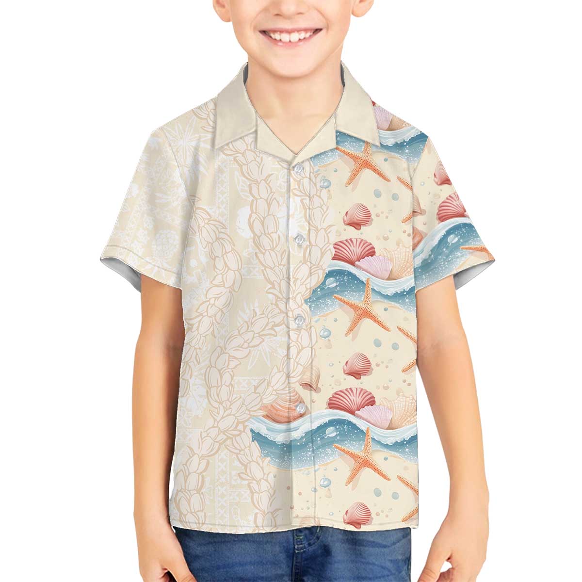 Beige Hawaii Lei Seashells Starfish Family Matching Off The Shoulder Long Sleeve Dress and Hawaiian Shirt Sandy Sylized - Polynesian Pride