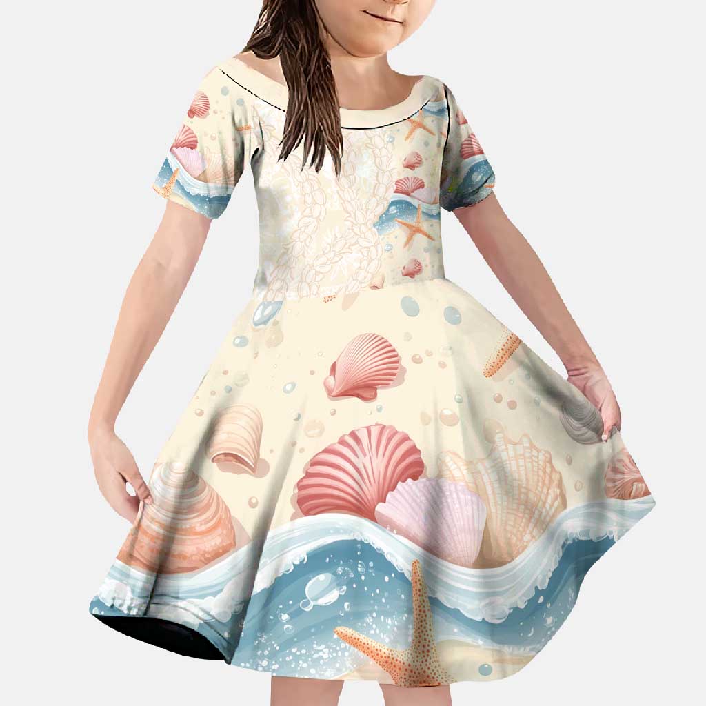 Beige Hawaii Lei Seashells Starfish Family Matching Off Shoulder Maxi Dress and Hawaiian Shirt Sandy Sylized - Polynesian Pride