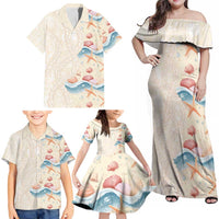 Beige Hawaii Lei Seashells Starfish Family Matching Off Shoulder Maxi Dress and Hawaiian Shirt Sandy Sylized - Polynesian Pride