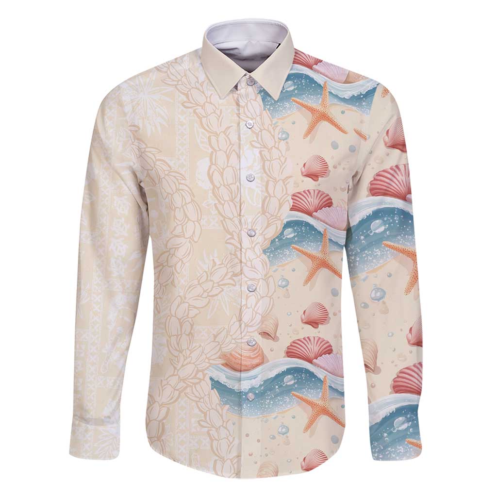 Beige Hawaii Lei Seashells Starfish Family Matching Off Shoulder Maxi Dress and Hawaiian Shirt Sandy Sylized - Polynesian Pride