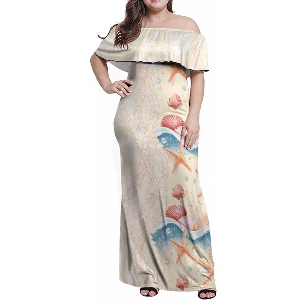 Beige Hawaii Lei Seashells Starfish Family Matching Off Shoulder Maxi Dress and Hawaiian Shirt Sandy Sylized - Polynesian Pride