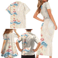 Beige Hawaii Lei Seashells Starfish Family Matching Short Sleeve Bodycon Dress and Hawaiian Shirt Sandy Sylized - Polynesian Pride