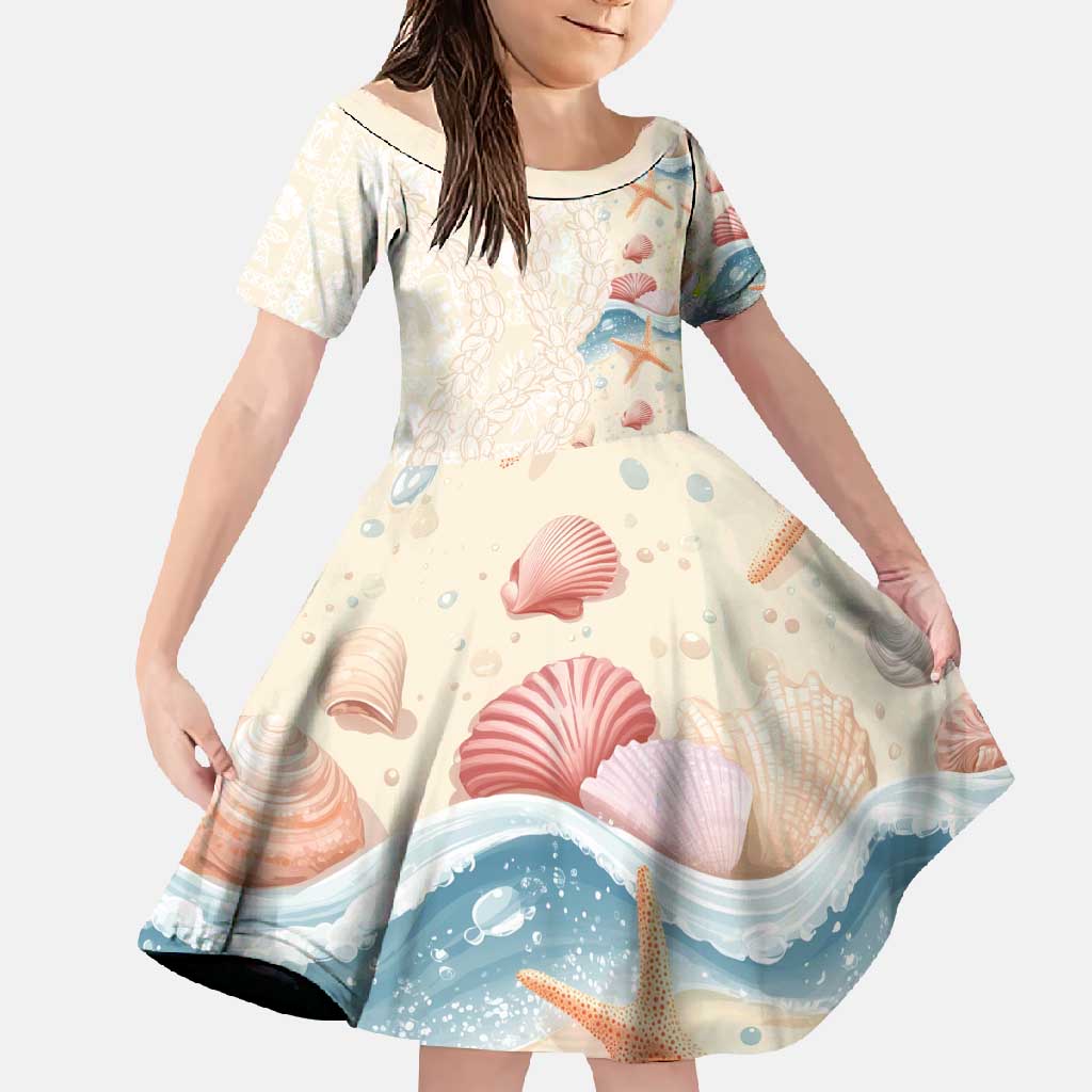 Beige Hawaii Lei Seashells Starfish Family Matching Summer Maxi Dress and Hawaiian Shirt Sandy Sylized - Polynesian Pride